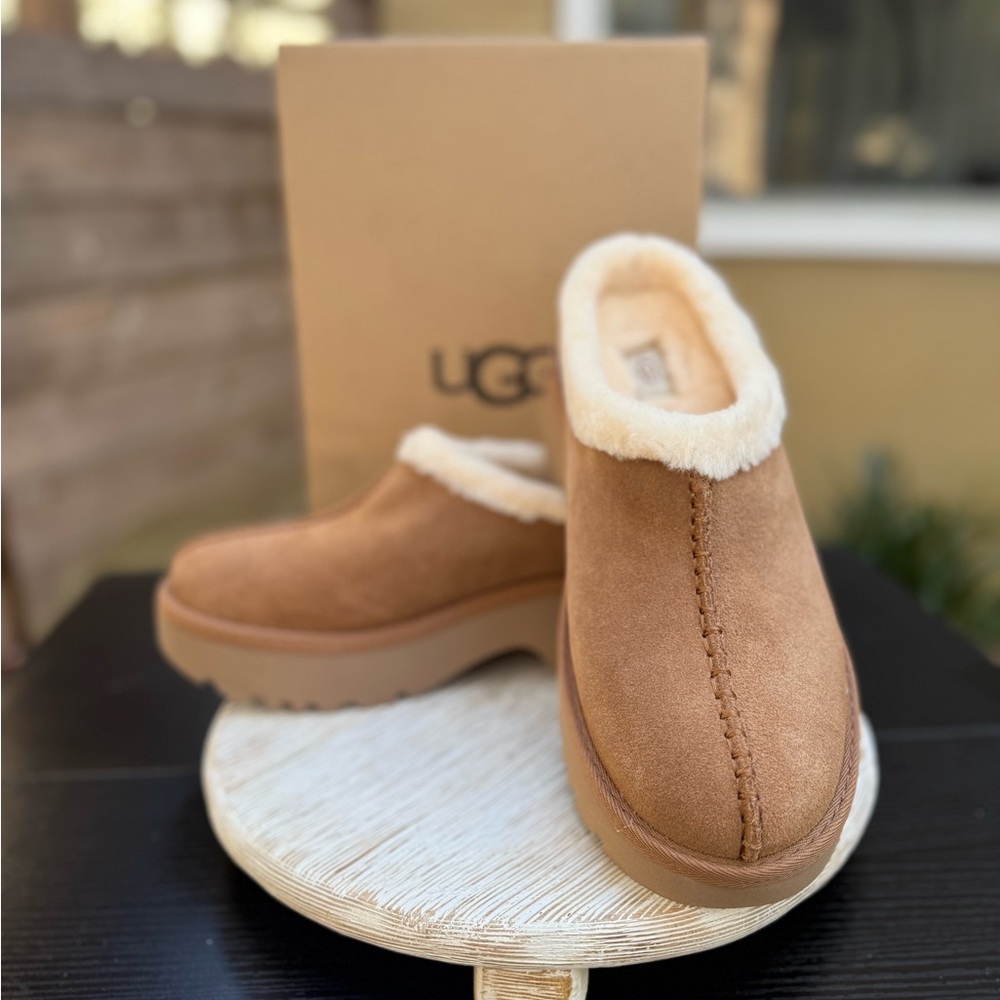 UGG Chestnut Suede Shearling-Lined Mule Clogs